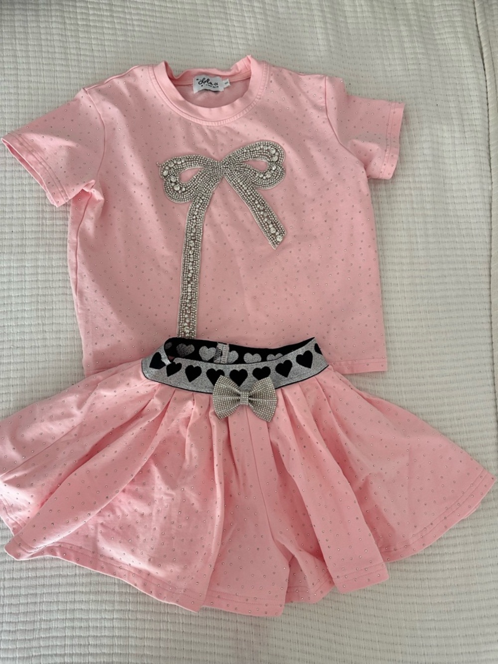 Lola + The Boys Pink Rhinestone Bow Tee and matching skort